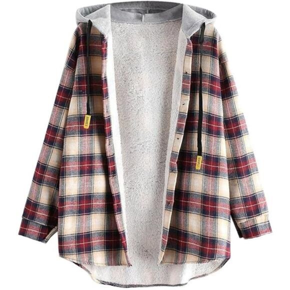Plaid Fleece Lined Hooded Jacket Button Up Oversized Fuzzy Coat Checkered - Picture 5 of 5